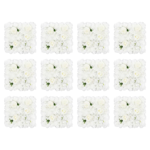 14.96 in. x 14.96 in. White Indoor/Outdoor Silk Artificial Flower Wall Background Wedding Backdrop (Set of 12)