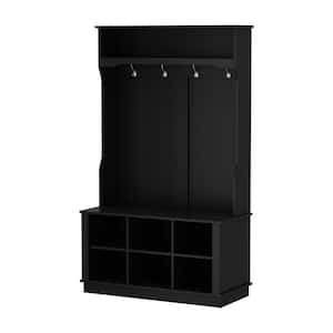 Black Painted Freestanding Coat Rack with Shoe Bench, Hanging Hooks, and Storage Cubbies