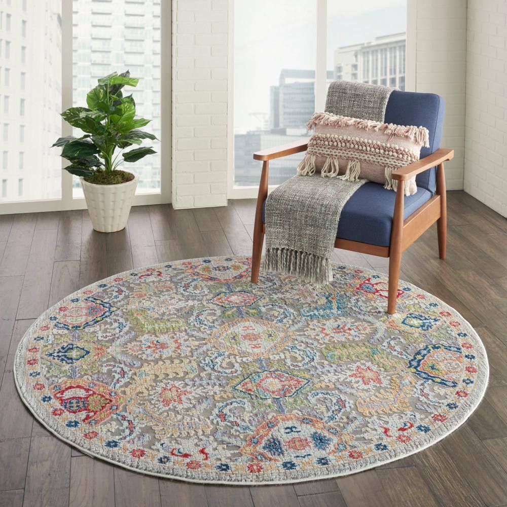 Global Vintage Easy Care 6' Round Grey Synthetic Area Rug