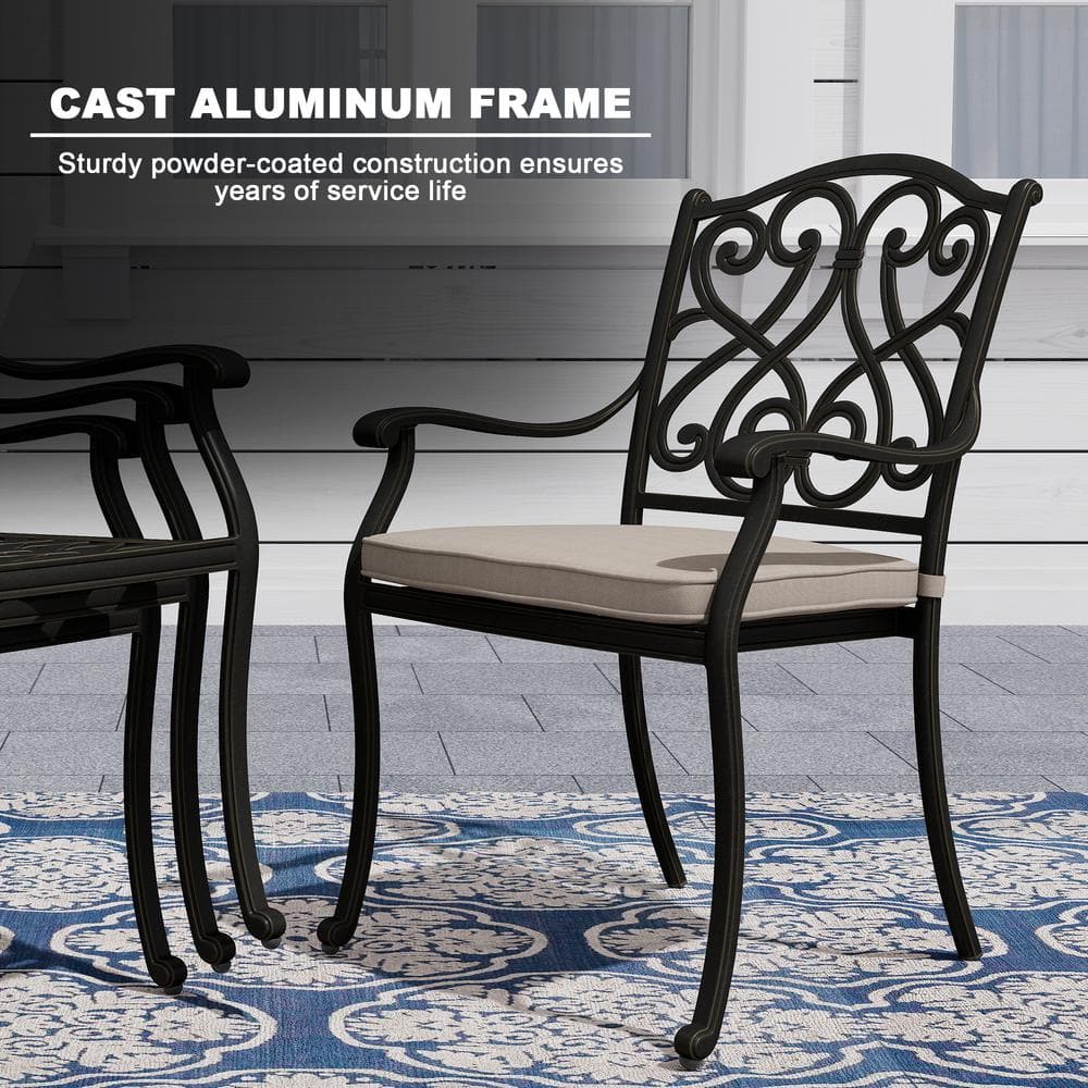9-Piece Black Cast Aluminum Rectangular Outdoor Dining Set with Beige Cushions
