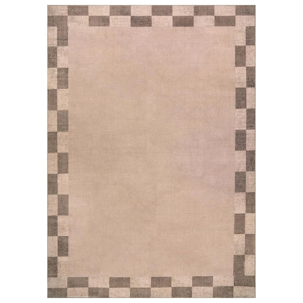 Checkerboard Border Sand Beige Machine Washable Non-Slip Backing Area Rug 6' x 9' Beige