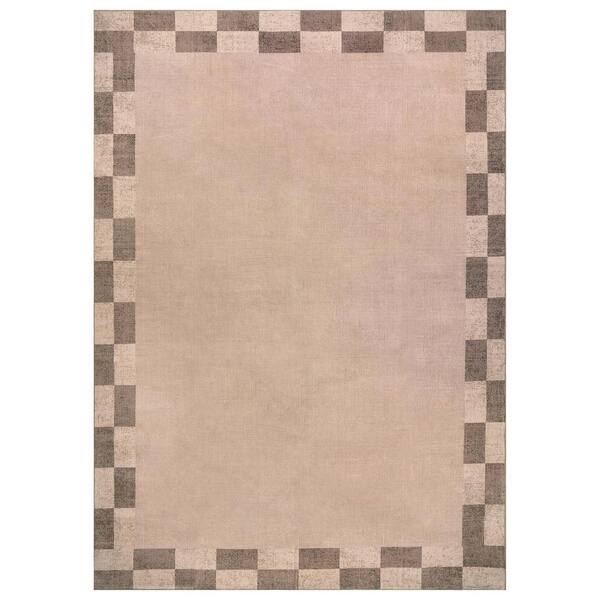 Checkerboard Border Sand Beige Machine Washable Non-Slip Backing Area Rug 9' x 12' Beige