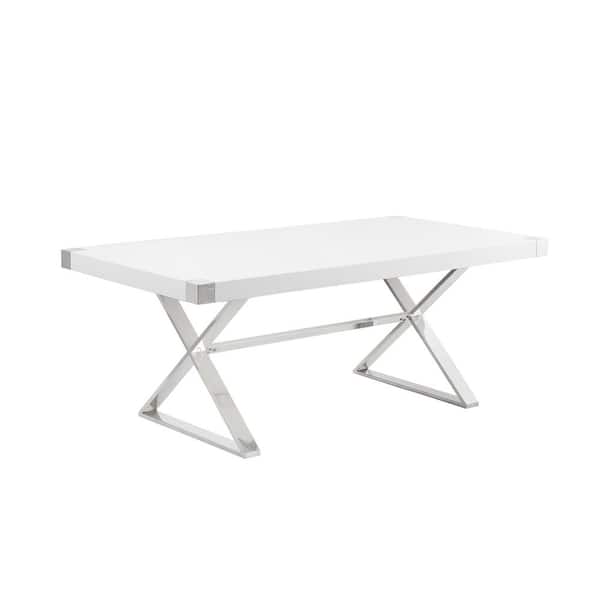 Best Quality Furniture Miguel White Wood 78 in. Cross Legs Silver Stainless Steel Base Dining Table Seats 6.