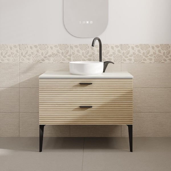 Aaby 36 in. W x 19 in. D Wall Mounted Floating Bath Vanity Cabinet in Brown with White Engineered Stone Top and Sink