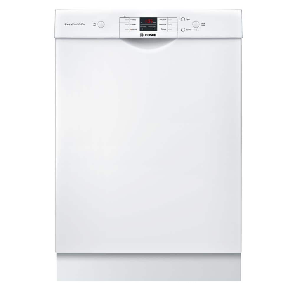 Bosch 100 Series 24 in. White Front Control Tall Tub Dishwasher with Hybrid Stainless Steel Tub and Utility Rack, 50dBA