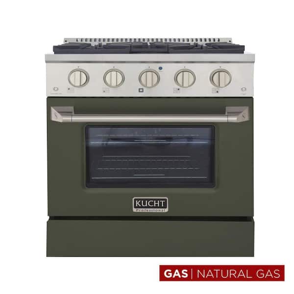 Pro-Style 30 in. 4.2 cu. ft. 4-Burners Natural Gas Range with Convection Oven in Stainless Steel & Olive Green Oven Door