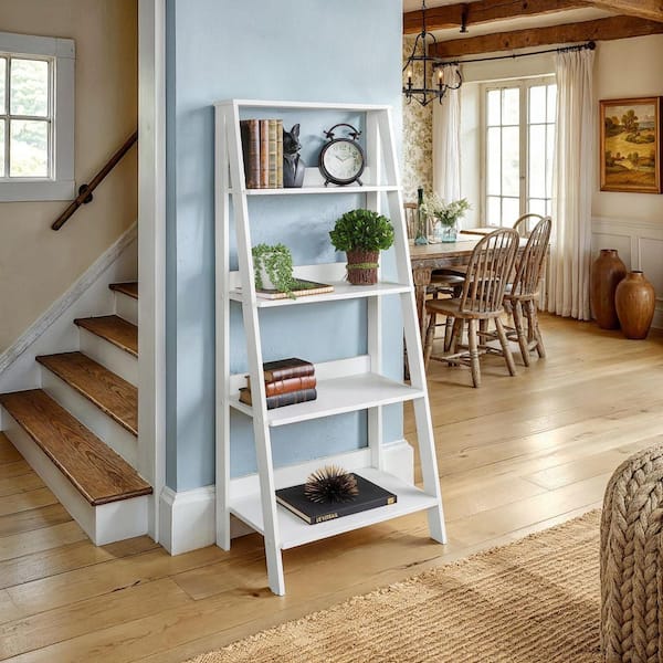 55 in. White Wood 4-shelf Ladder Bookcase with Open Back