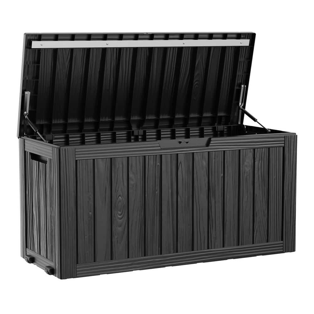 90 Gal. Large Black Wood Grain Resin Deck Box with Gas Strut Lid and Wheels for Outdoor Patio Pool Garden Storage price history on PriceWatchPro
