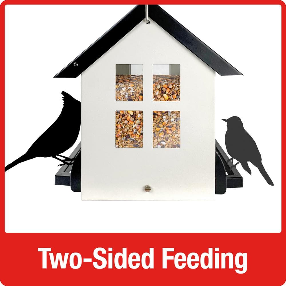 White and Black Metal Squirrel Resistant Hanging Hopper Feeder