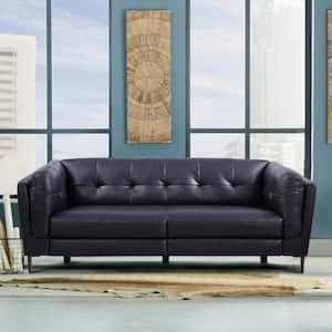 Primrose Dark Metal and Navy Genuine Leather Contemporary Sofa