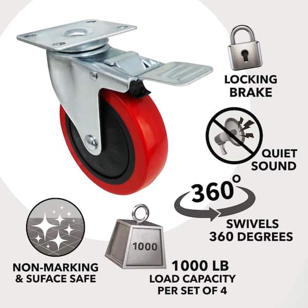 4 in. Red Polyurethane and Steel Swivel Plate Locking Caster Wheel with 250 lb. Load Rating