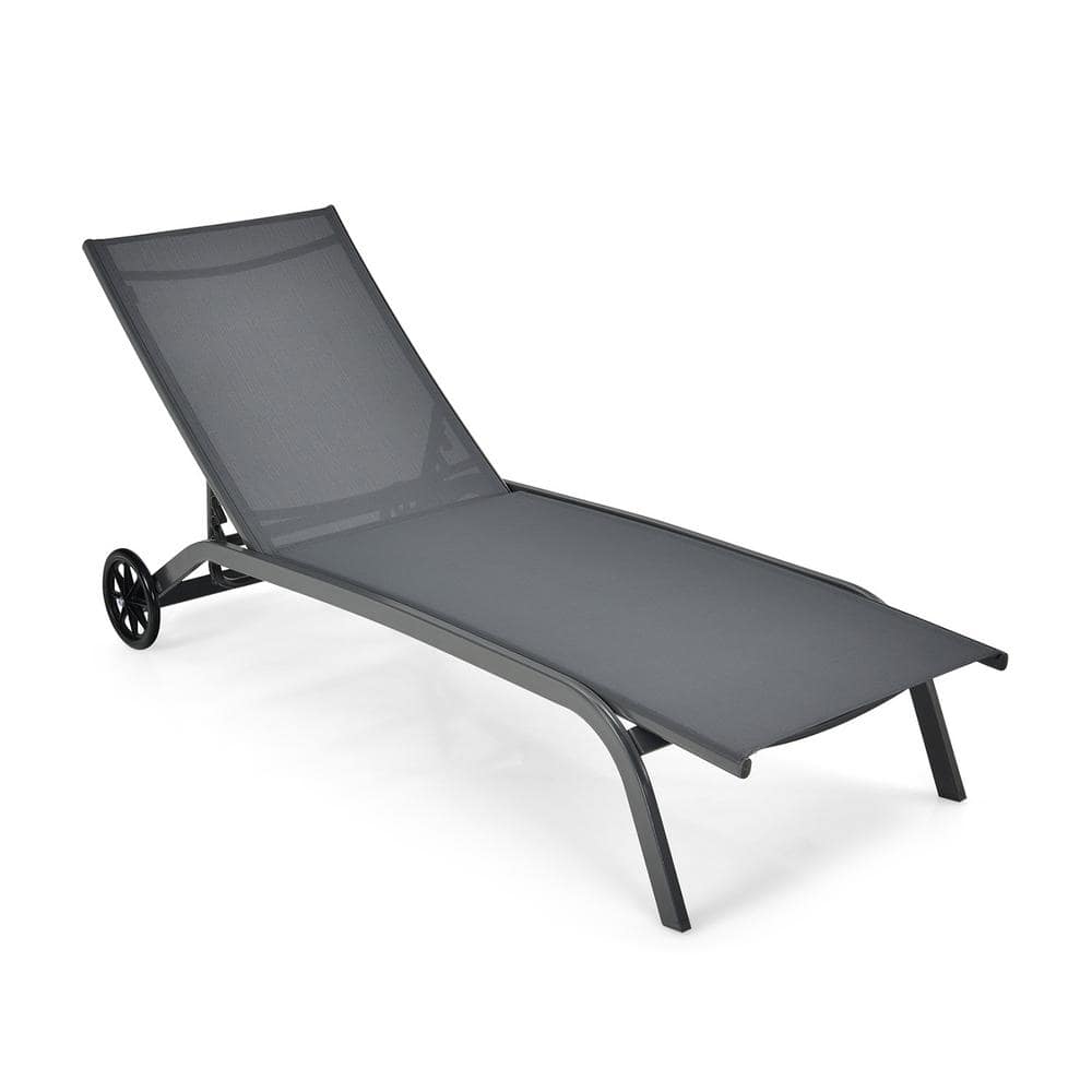 6-Poisition Adjustable Outdoor Lounge Chair with Wheels in Gray RI-LY ...