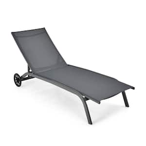 6-Poisition Adjustable Outdoor Lounge Chair with Wheels in Gray