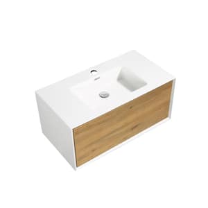 36 in. W x 19 in. D x 16. in. H Wall Mount Single Integrated Sink Bath Vanity in White & Oak w/ Cultured Marble Top