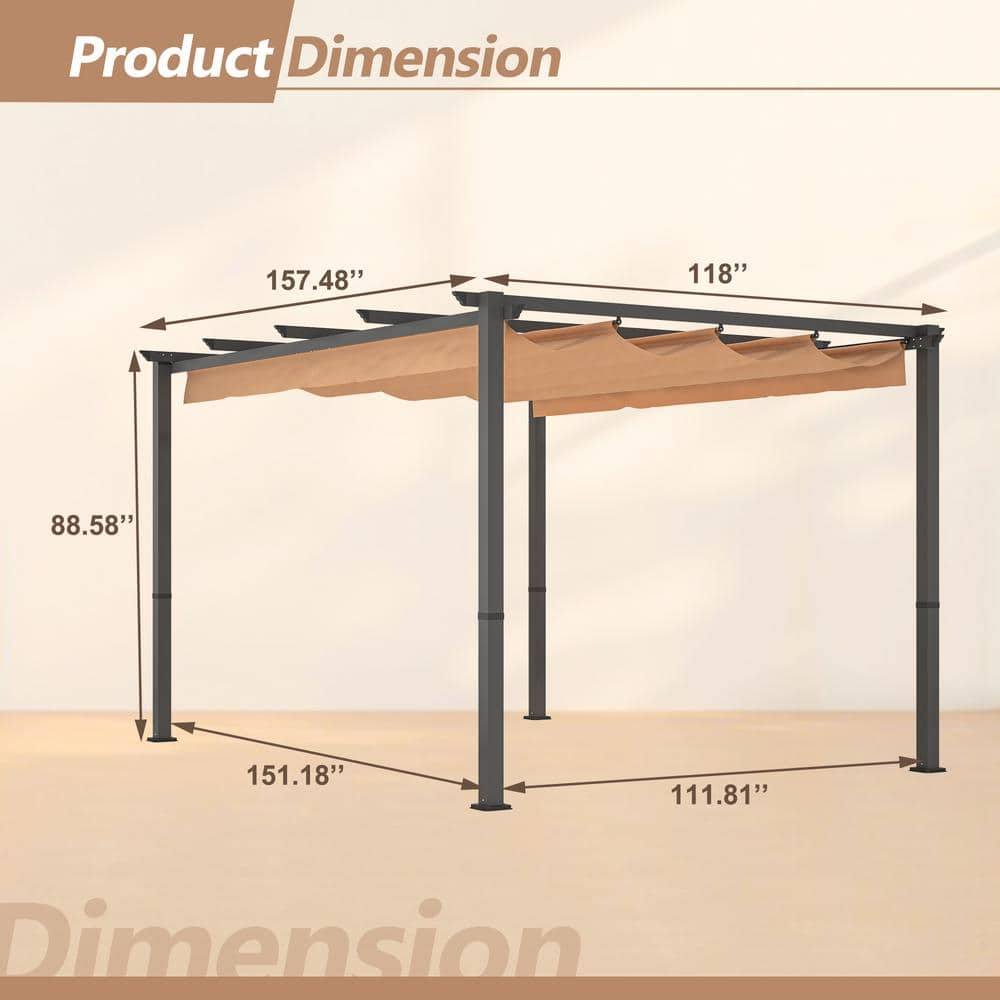 Khaki Aluminum Patio Pergola with Retractable Canopy