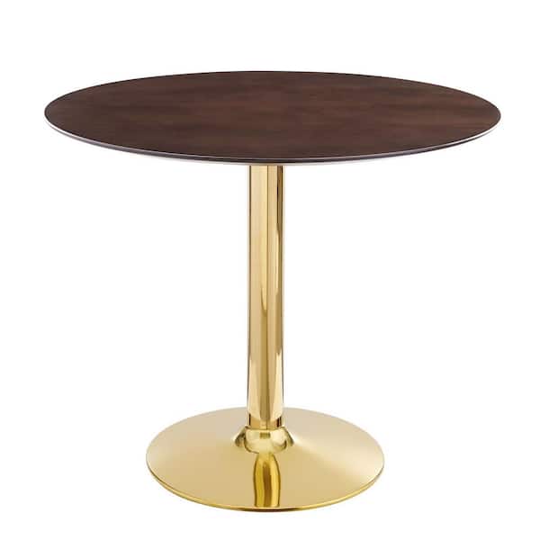 MODWAY Verne 35 in. Round Dining Table Cherry Walnut Wood Top with Gold Metal Base