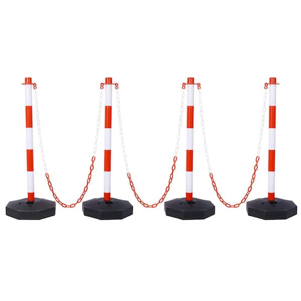 4-Pack White/Red Plastic Safety Barrier Post w/Fillable Base,5Ft Plastic Chain for Traffic Control and Warning W/R