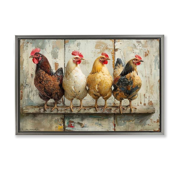Stupell Industries Chickens In A Row by LSR Design Studio Gray Floater Frame Animal Graphic Art Print 17 in. x 25 in.