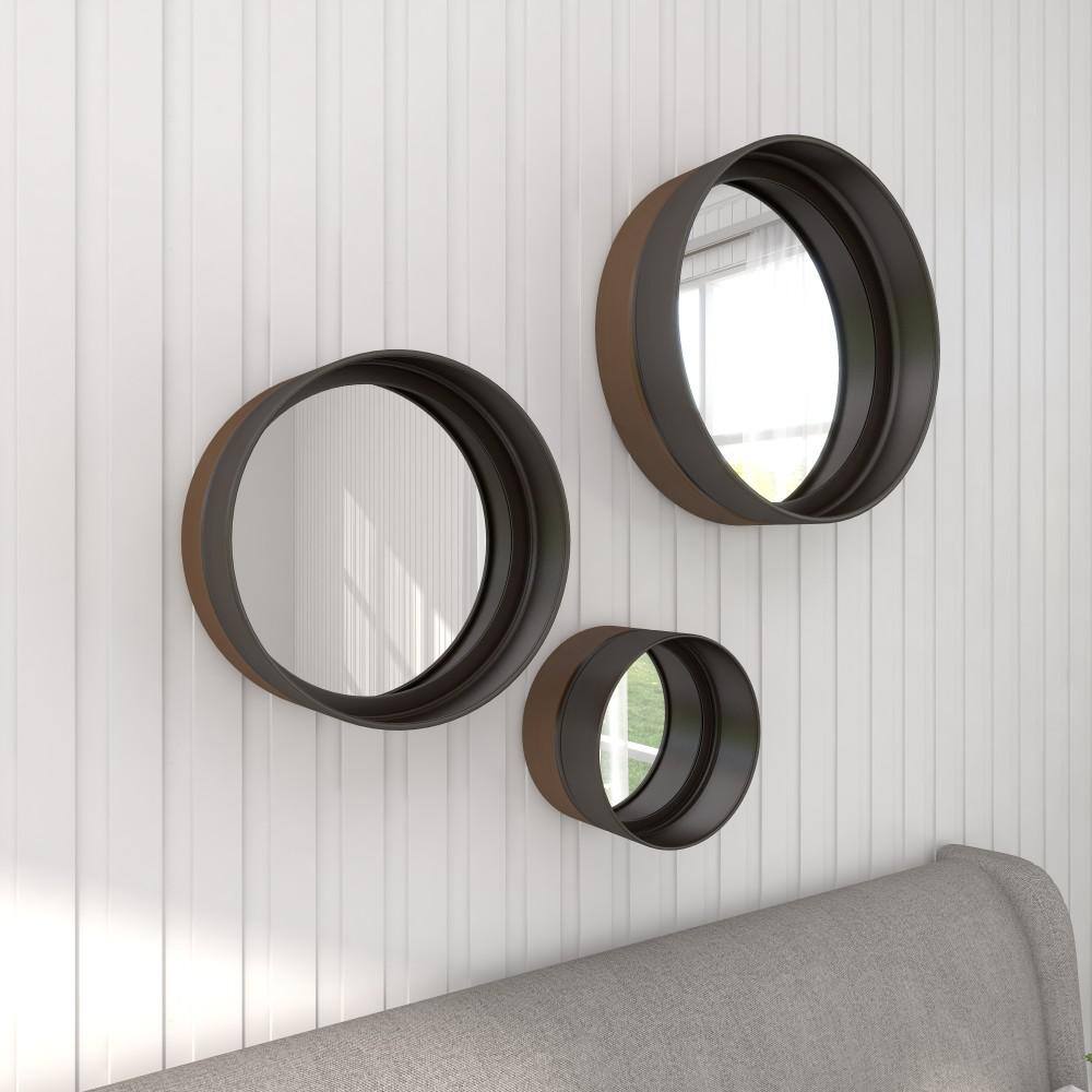 Set of 3 Round Bronze and Wood Wall Mirrors