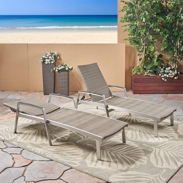 Noble House Oxton Grey Faux Rattan and Aluminum Outdoor Chaise Lounge (Set of 2)