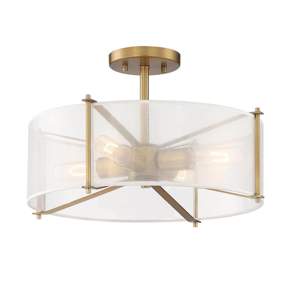 Daybreak 17.75 in. 4-Light Old Satin Brass Modern Entryway Semi-Flush Mount with Organza Fabric Shade