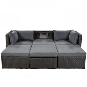 Gray Wicker Outdoor Sectional Seating and Rectangle Daybed with Retractable Canopy and Gray Washable Cushions