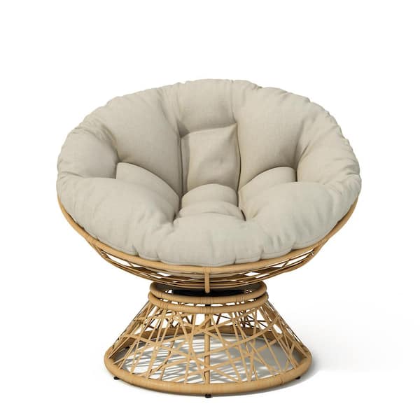 Tenleaf Natural Wood Brown Wicker 360 Degree Swivel Outdoor Lounge Chair with Beige Cushions
