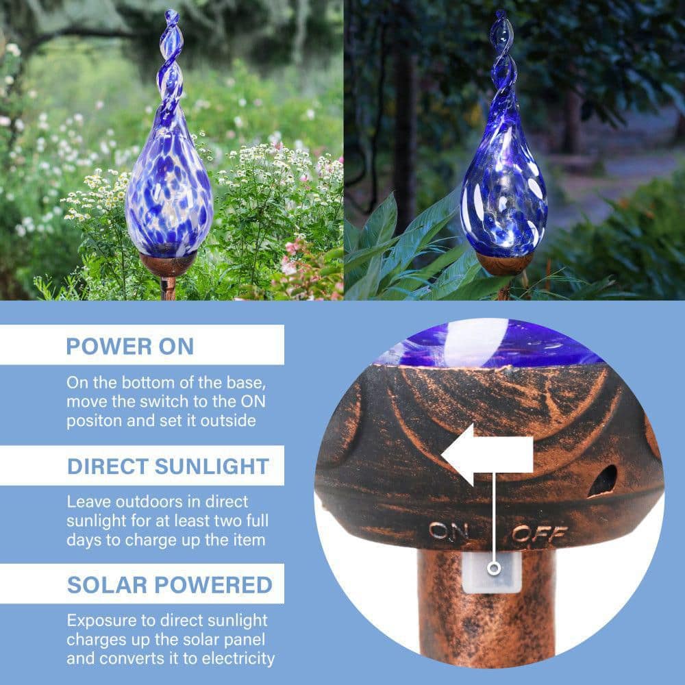 Blue Hand Blown Glass Flame Garden Stake with Metal Finial