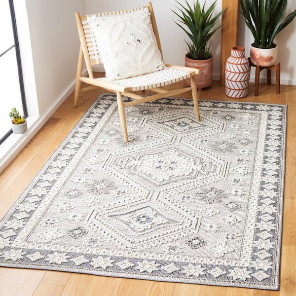 Global Light Gray/Dark Gray 7 ft. x 7 ft. Aztec Geometric Border Indoor/Outdoor Square Area Rug