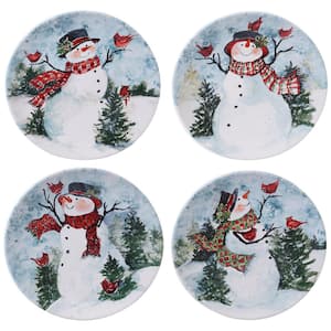 Watercolor Snowman 4-Piece Holiday Multicolored Earthenware 11 in. Dinner Plate Set (Service for 4)