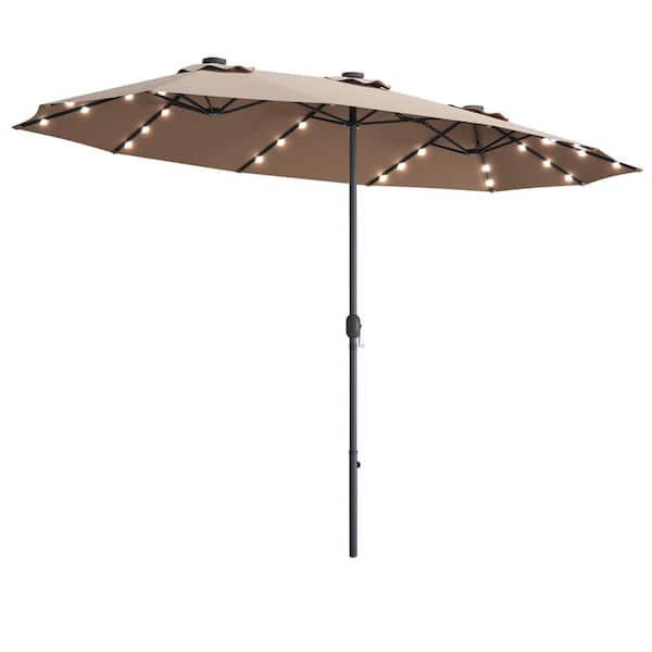 HONEY JOY 15 ft. Double-Sided Steel Market Solar LED Patio Umbrella in Tan