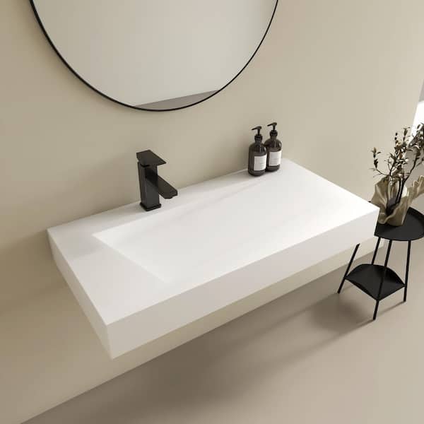 35 x 18 in. Solid Surface Wall Mount Bathroom Vessel Sink with Faucet Hole in Matte White