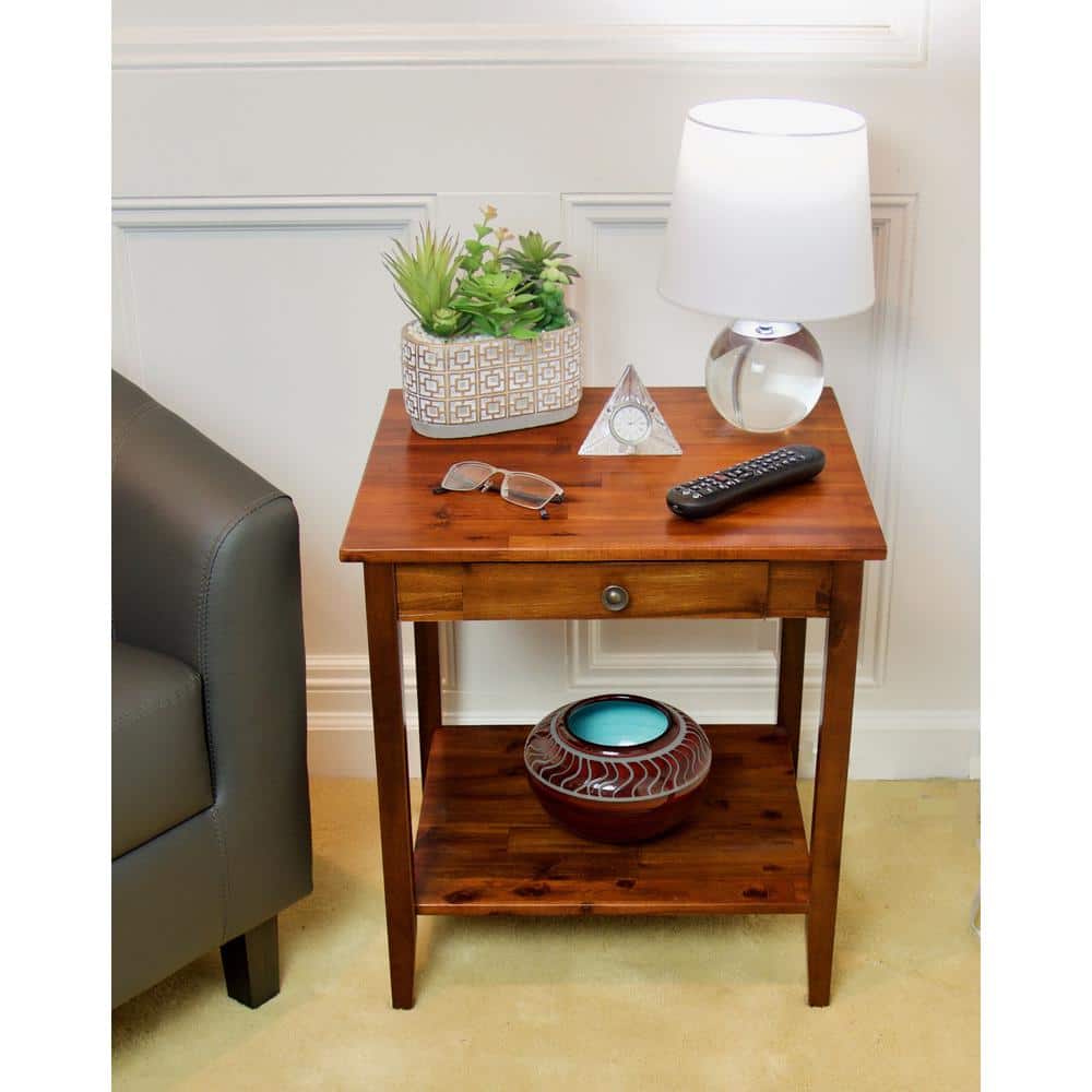 Mahogany Solid Acacia Wood End Table with Drawer and Shelf