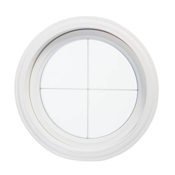 TAFCO WINDOWS 24.5 in. x 24.5 in. Obscure Glass Round Picture Vinyl Window with Platinum Cross Design, White