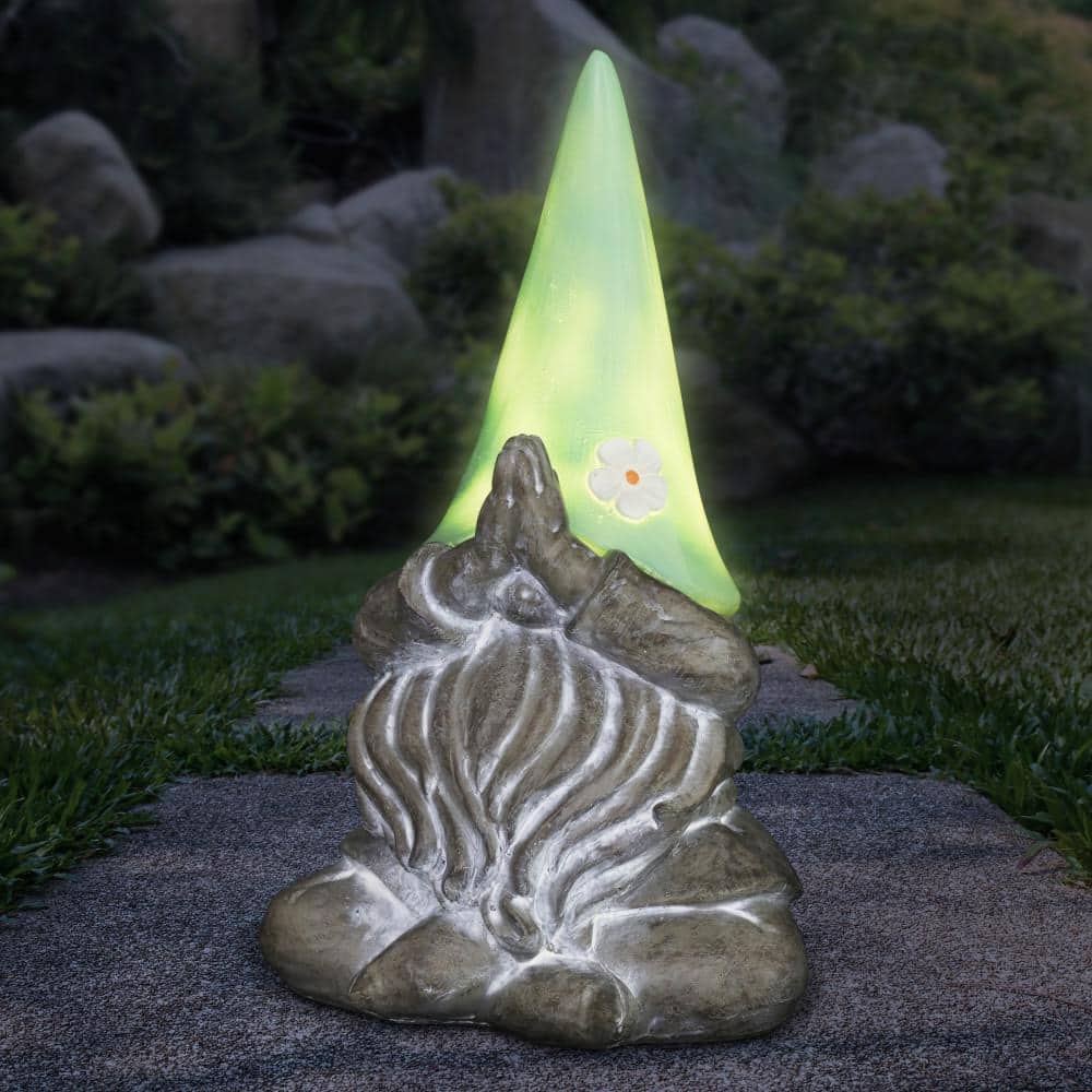 Solar Powered Resin Meditating Gnome with LED Hat, 11 Inch