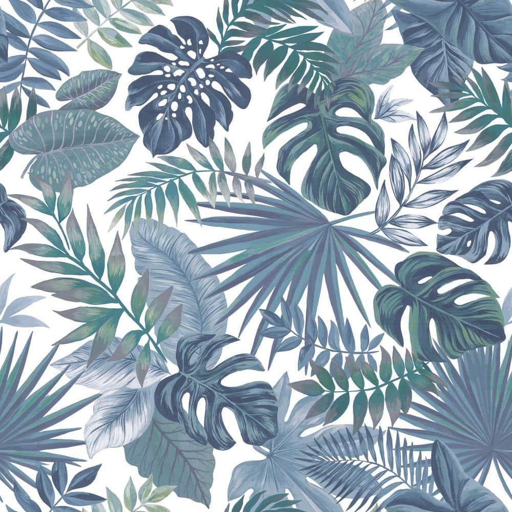 Blue and White Vinyl Palm Leaf Peel and Stick Wallpaper Roll