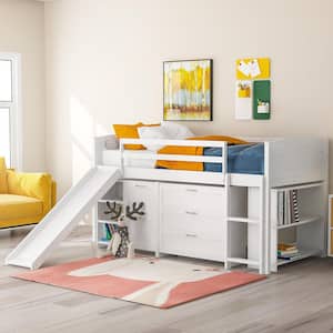 White Twin Size Low Loft Bed with Cabinets, Shelves and Slide