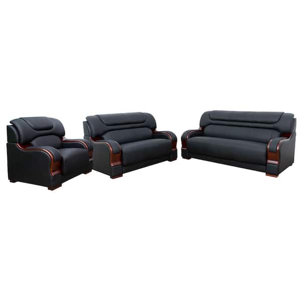 Star Home Living 25 in. W Rolled Arm 3-Piece Leather Straight Sectional Sofa in Black