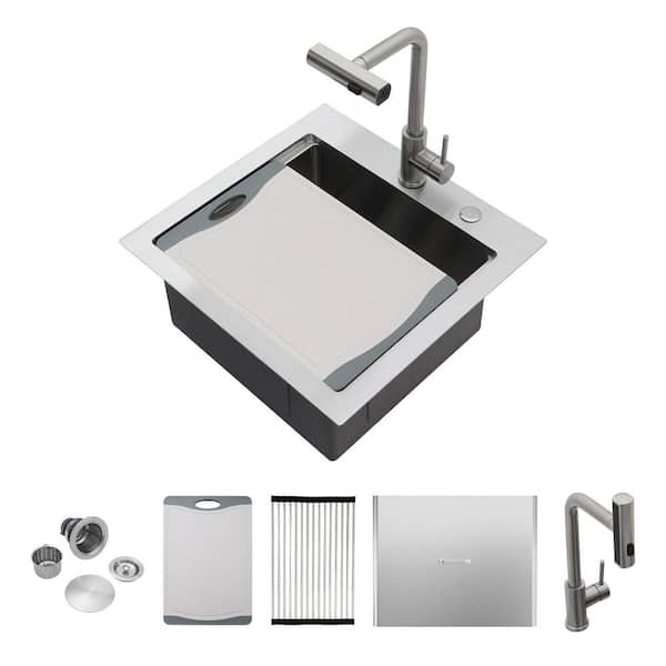 21 in. x 20 in. Drop-In Single Bowl Workstation Kitchen Bar Sink 16 Gauge Stainless Steel sink with Versatile Faucet