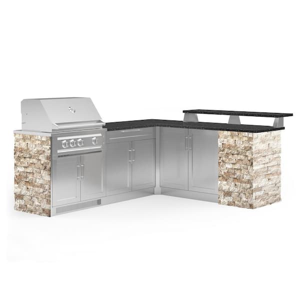 NewAge Products Signature Series Stainless Steel 8-Piece L Shape Outdoor Kitchen Cabinet Set with Natural Gas Platinum 33 in. Grill