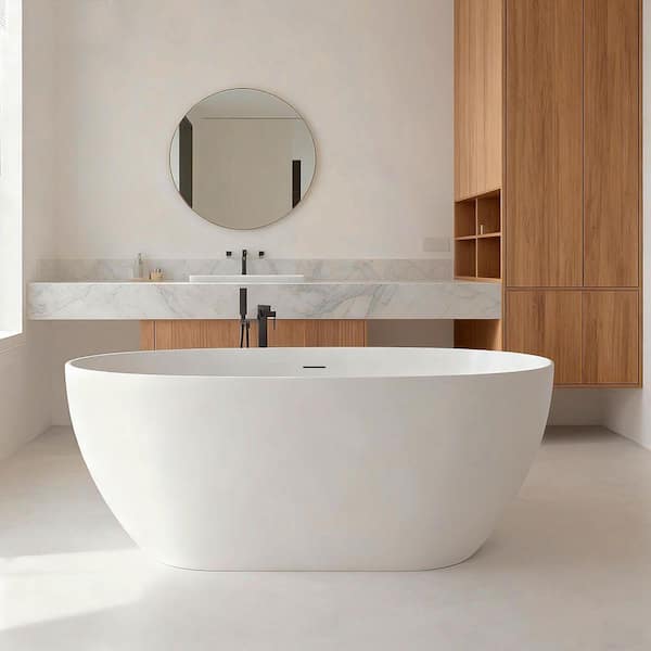 63 in. x 29 in. Stone Resin Solid Surface Flatbottom Freestanding Soaking Bathtub with Drain in Matte White