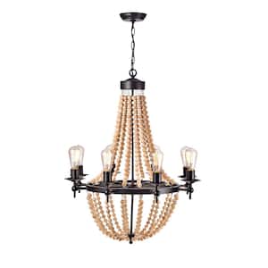 Disanthus 8-Light Candle Style Black Chandelier With Wood Accents for Dining/Living Room, Bedroom with No Bulbs Included