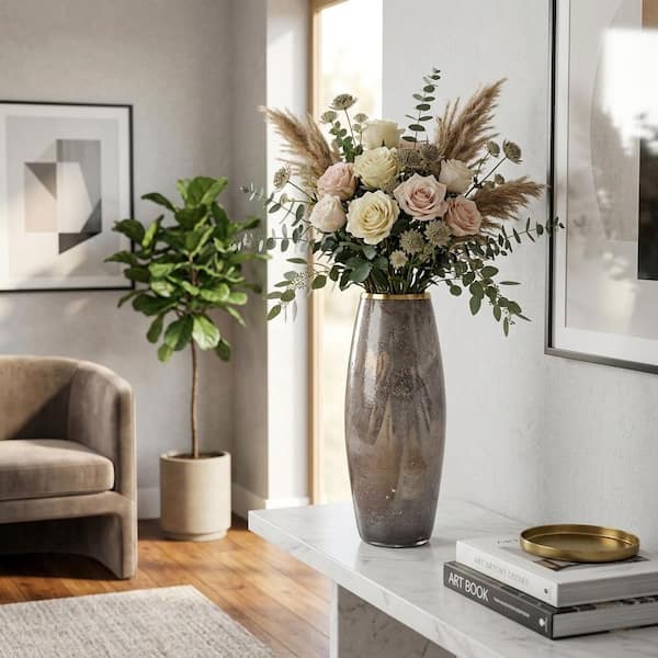 24 in. Gold Glass Cylinder Decorative Vase with Metal Ring