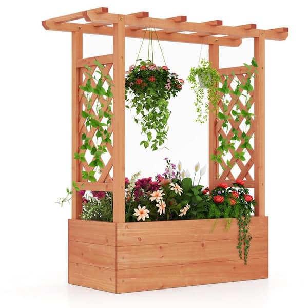 Costway 43 in. x 17 in. x 45 in. Orange Wood Raised Garden Bed with Trellis & Hanging Roof Drainage Elevated Planter Box (1 PCS)