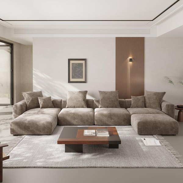 6-Piece Brown 181 in. Corduroy Velvet U-Shaped Sectional Sofa with Ottoman and Removable Covers Living Room Set