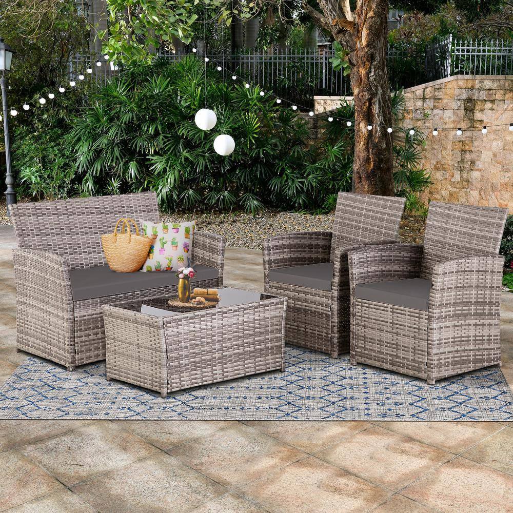 Mix-Gray 4-Piece Wicker Patio Conversation Set with High-Grade-Gray Cushions and Coffee Table for Apt, Porch, Yard price history on PriceWatchPro