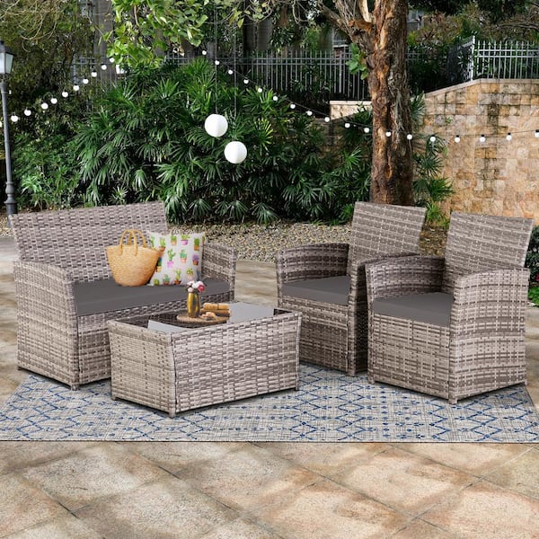 JUSKYS Mix-Gray 4-Piece Wicker Patio Conversation Set with High-Grade-Gray Cushions and Coffee Table for Apt, Porch, Yard