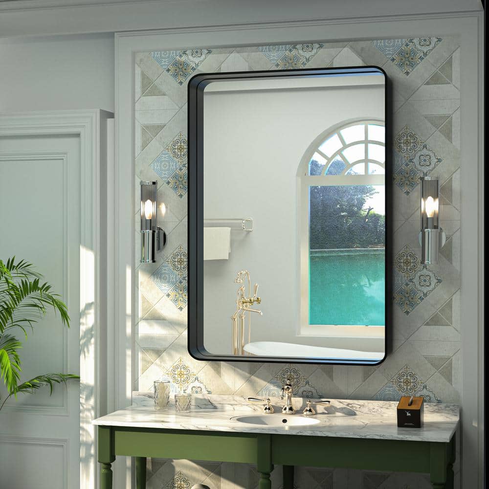 TETOTE 24 in. W x 36 in. H Rectangular Metal Framed Wall Mount Bathroom Vanity Mirror in Black
