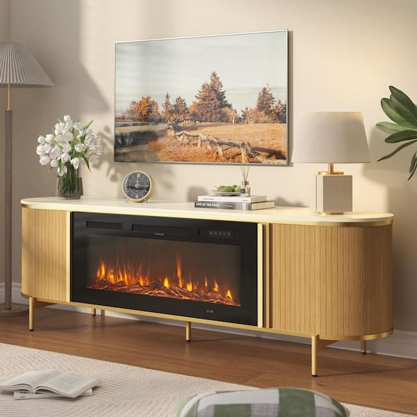 70 in. Freestanding Modern Electric Fireplace TV Stand with Adjustable Temperature in Natural Wood Finish