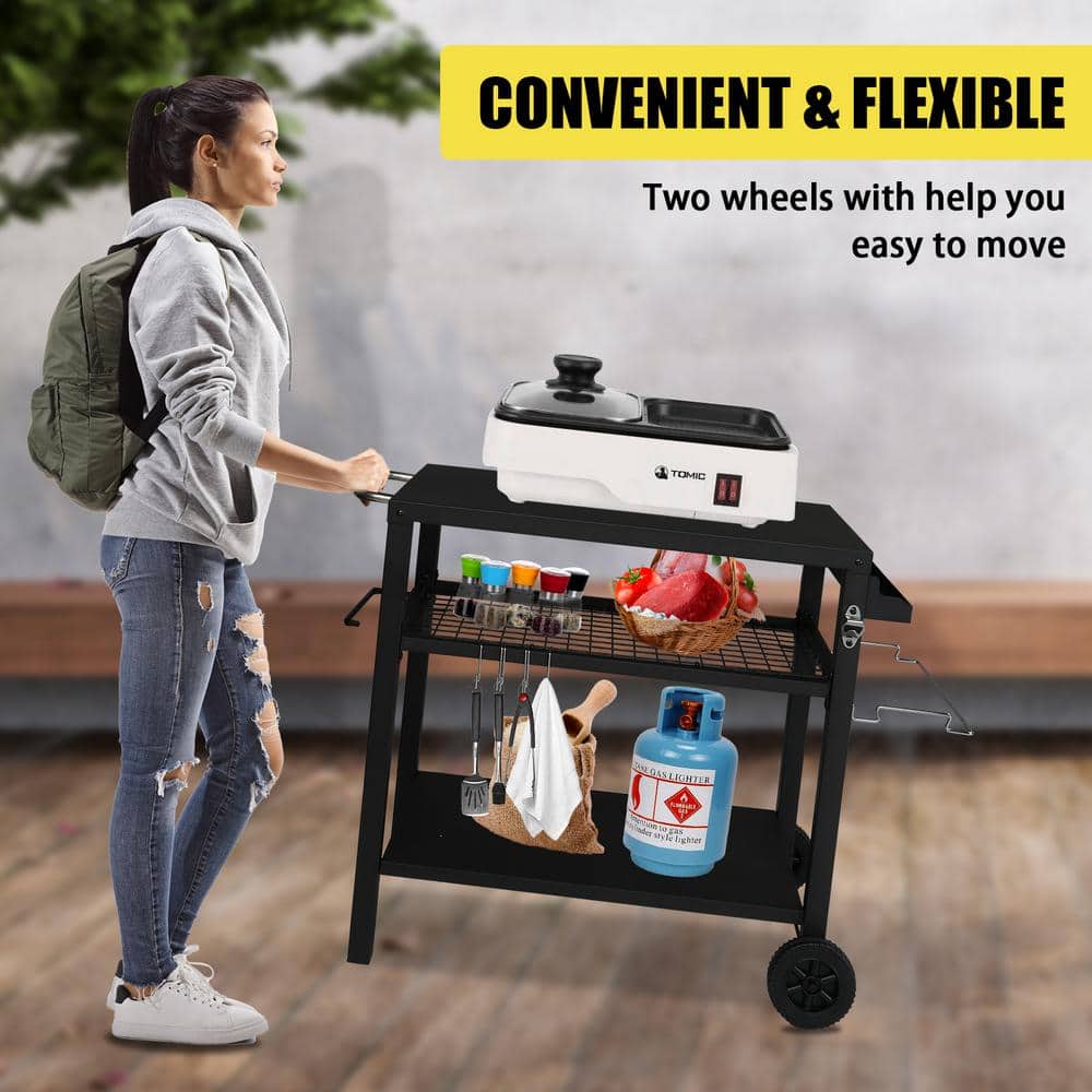 Black Iron 3-Shelf Outdoor Grill Cart with Wheels